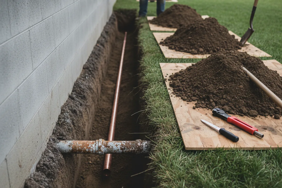 Excavated water line trench during Water Softener Installation in Solomon